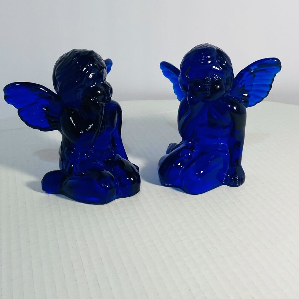 VTG Two Cobalt Blue Glass Sitting Angel Cherub Taper Candle Holders 5"x 5"x 5" - Picture 3 of 17